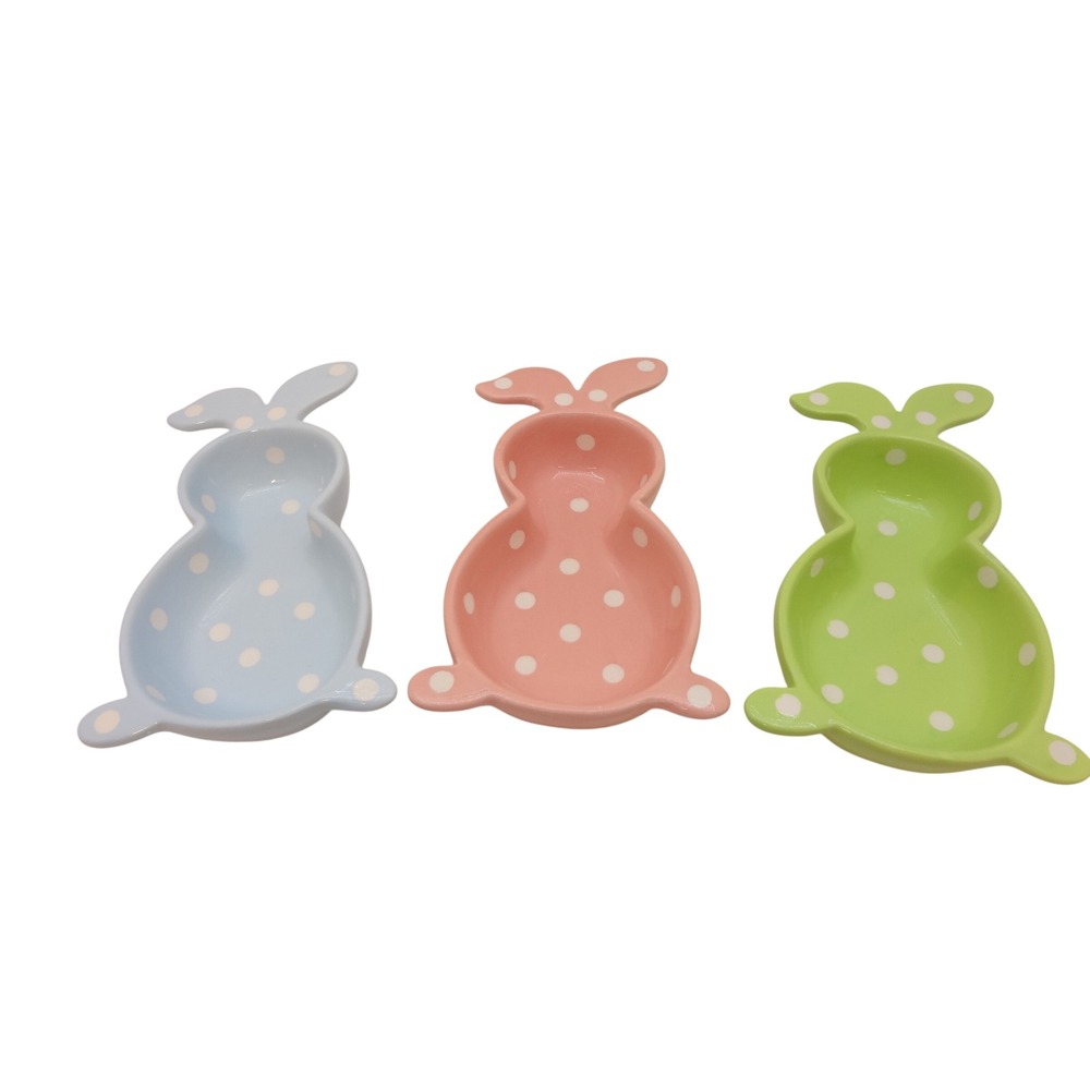 Bunny Bowls Set 3 Pink Green‎ Blue Polka Dot Excellent  Ceramic Easter